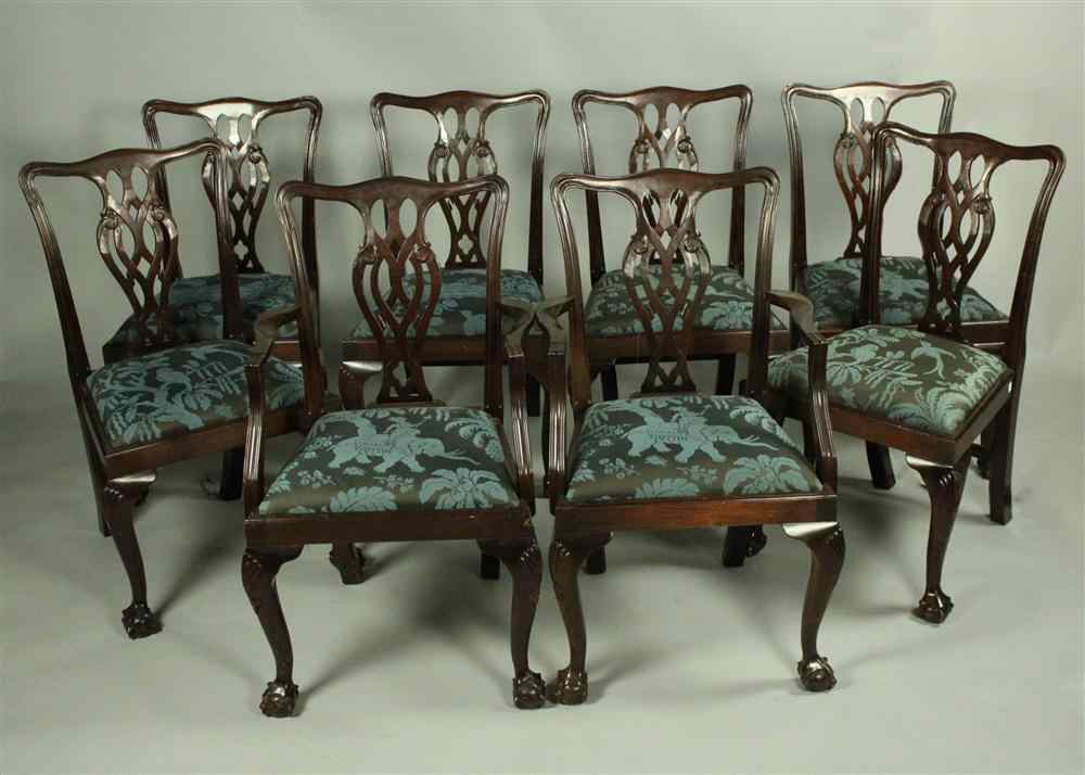 Appraisal: SET OF EIGHT MAHOGANY CHIPPENDALE STYLE DINING ROOM CHAIRS UPHOLSTERED