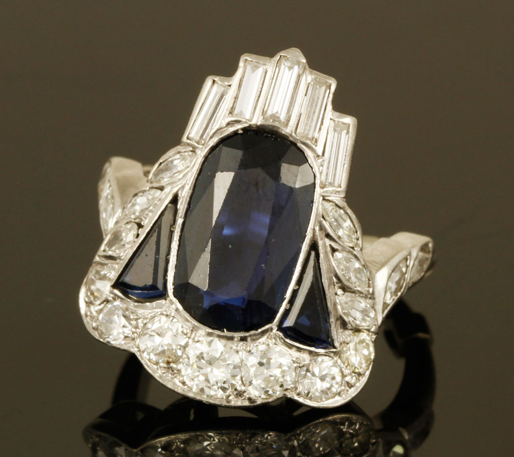 Appraisal: - Art Deco Platinum Sapphire and Diamond Ring Art Deco