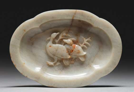 Appraisal: CARVED CELADON JADE DISH Well carved Chinese celadon jade dish