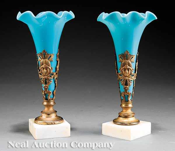 Appraisal: A Pair of American Classical Powder Blue Sandwich Glass Vases