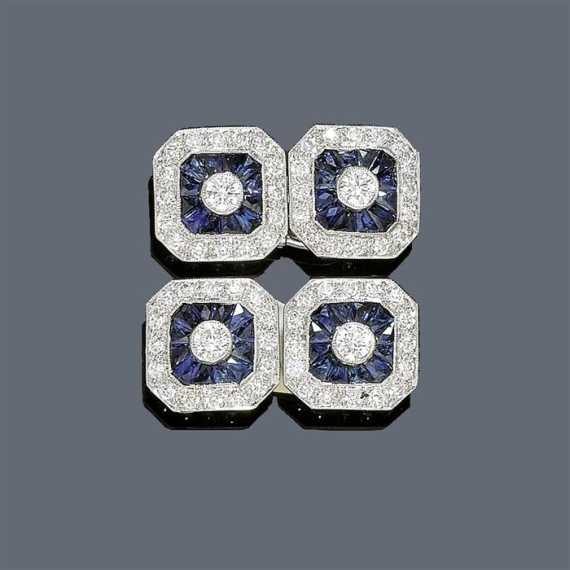 Appraisal: DIAMOND AND SAPPHIRE CUFF LINKS White gold Attractive octagonal twin