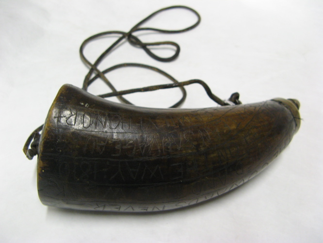 Appraisal: ANTIQUE POWDER HORN BUFFALO brass flask type measure body scribed