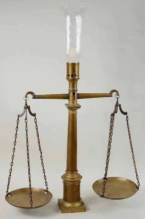 Appraisal: Brass Balance Scale Candle Holder Brass balance scale oil lamp