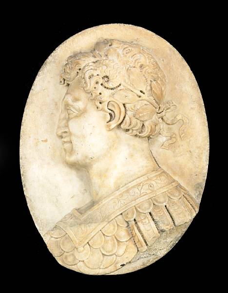 Appraisal: A carved marble oval plaque of a Roman Senator after