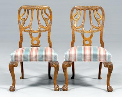 Appraisal: Pair George II style side chairs carved walnut with striped