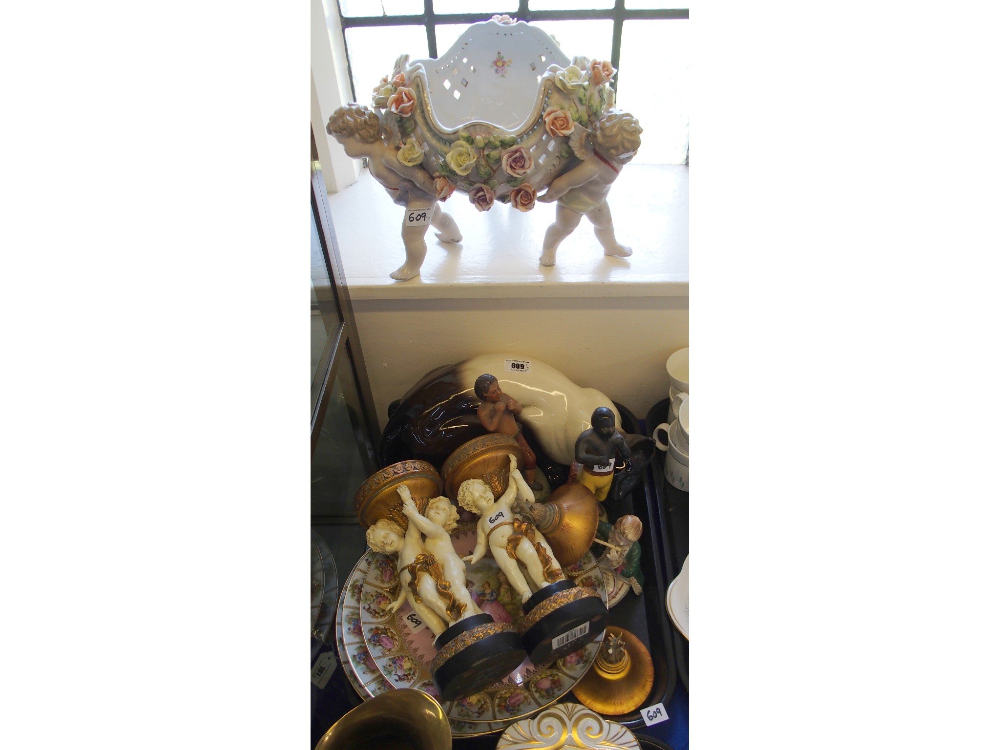 Appraisal: Cherub mounted basket pottery Siamese cat pair of plates etc