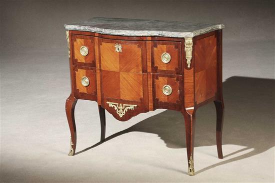 Appraisal: Louis XV XVI Ormolu Mounted Kingwood and Tulipwood Marble-Top Commode