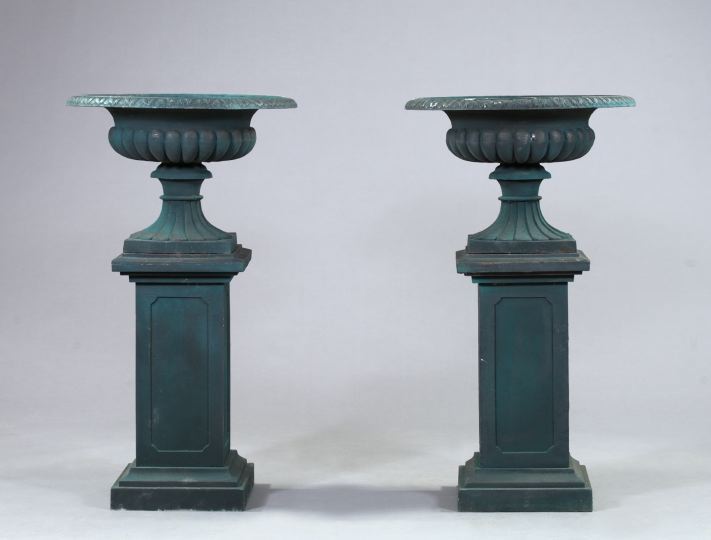 Appraisal: Pair of Late Victorian-Style Polychromed Cast-Iron Garden Urns-on Stands the