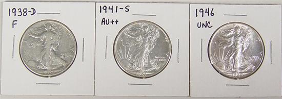 Appraisal: Three Walking Liberty Half Dollars -D key coin grades Fine