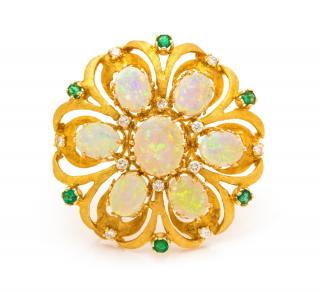 Appraisal: A Yellow Gold Opal Diamond and Emerald Pendant Brooch Jack