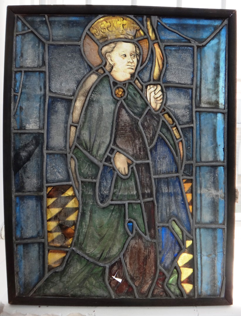 Appraisal: A th century style stained glass panel depicting a saintly