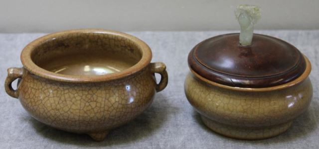 Appraisal: Two Antique Chinese Crackle Glaze Items Includes a tripod censor