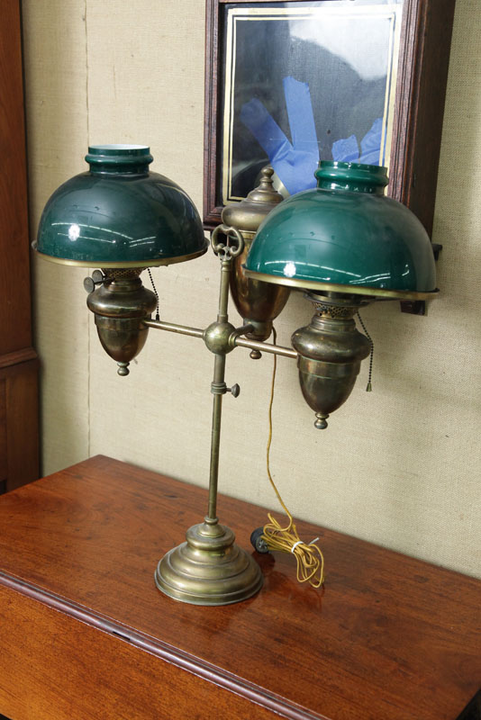 Appraisal: STUDENT LAMP By Plume Atwood double armed lamp with green