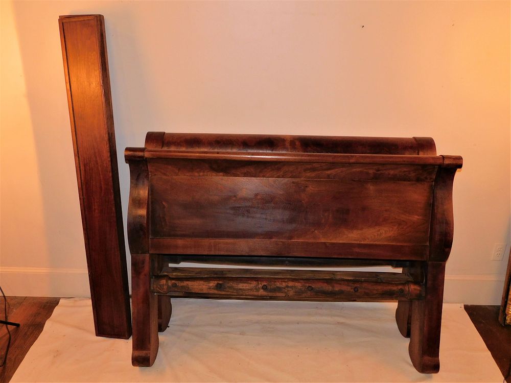 Appraisal: EMPIRE MAHOGANY SLEIGH BED Heavy period Empire full size sleigh