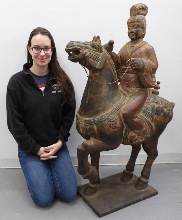 Appraisal: CHINESE QING CARVED HORSE RIDER SCULPTURE ChinaQingPolychromatic wood sculpture of