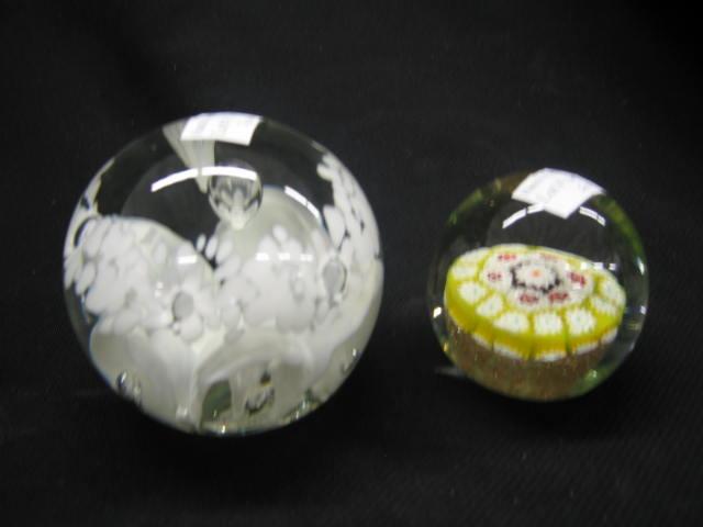 Appraisal: Art Glass Paperweights millefori white floral signed excellent