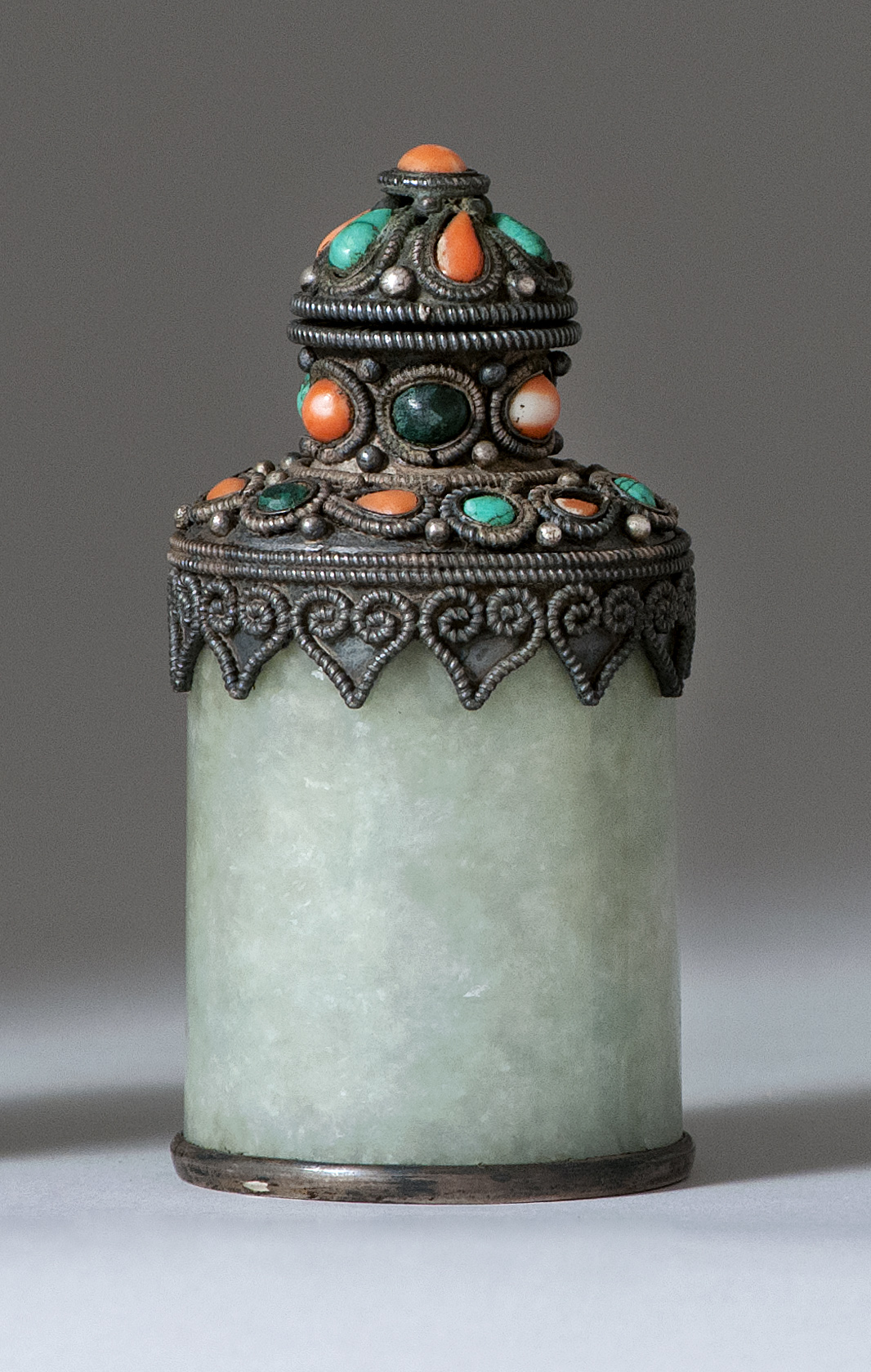 Appraisal: MONGOLIAN-STYLE JADE SNUFF BOTTLE Circa In cylinder form with turquoise