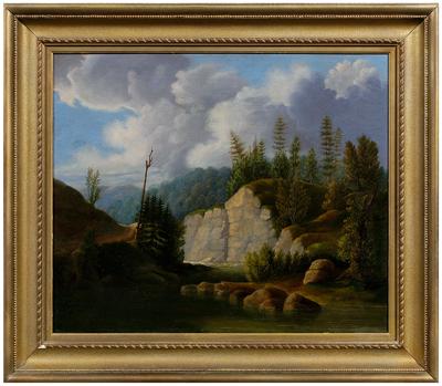 Appraisal: Painting Hudson River School mountain landscape with river bears signature