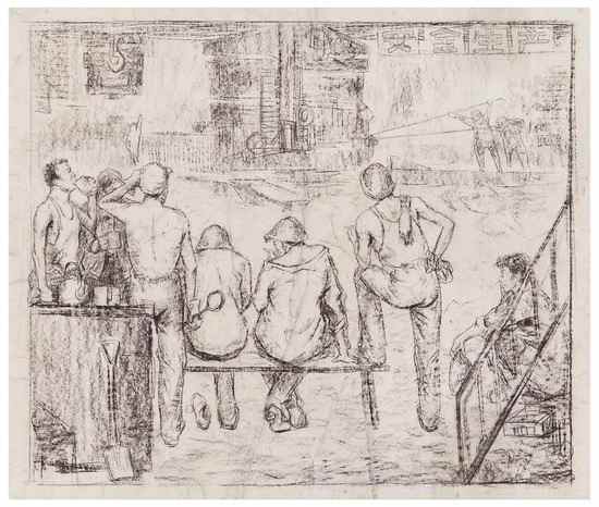 Appraisal: Security during Production original pencil drawing showing steel workers taking