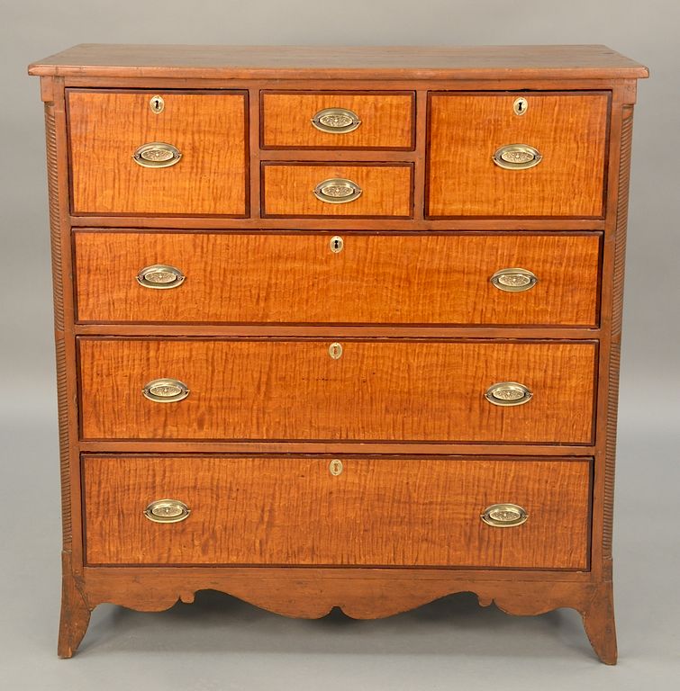 Appraisal: Federal chest with tiger maple drawer fronts and twisted columns