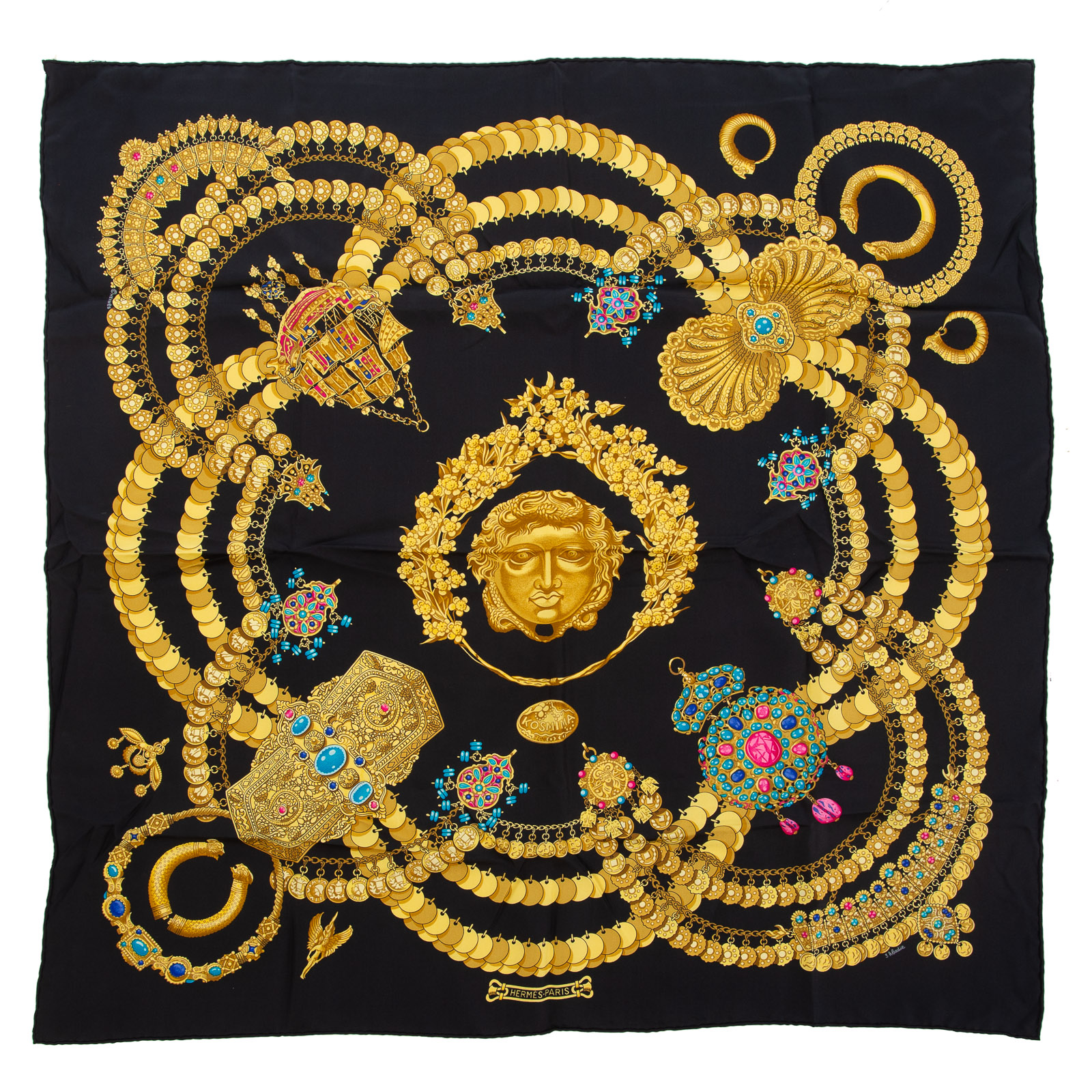 Appraisal: AN HERMES KOSMIMA SCARF A black gold and multicolor Hermes