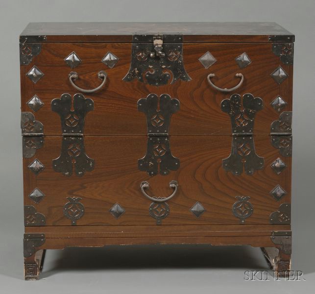 Appraisal: Asian Metal-mounted Elmwood Two-Drawer Chest ht lg in