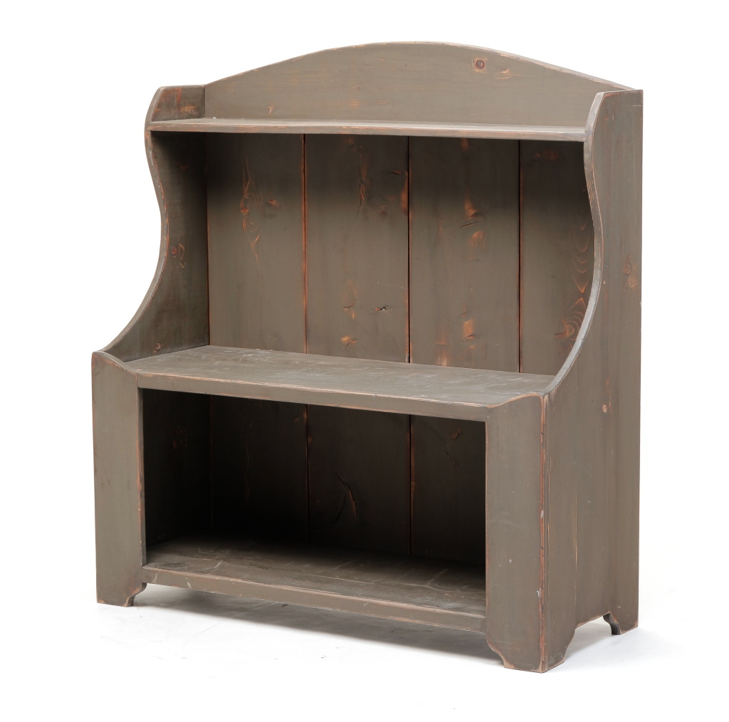 Appraisal: Contemporary pine Rounded crest shaped ends open cupboard base nicely