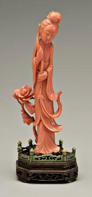 Appraisal: Chinese carved coral figure slender lady holding flower stem in