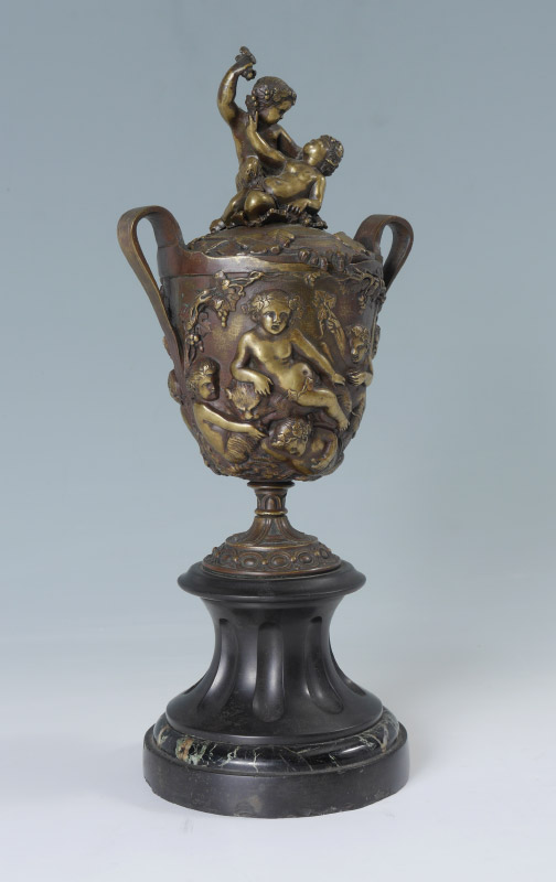 Appraisal: BRONZE FIGURAL COVERED CHALICE ON MARBLE BASE Removable lid with