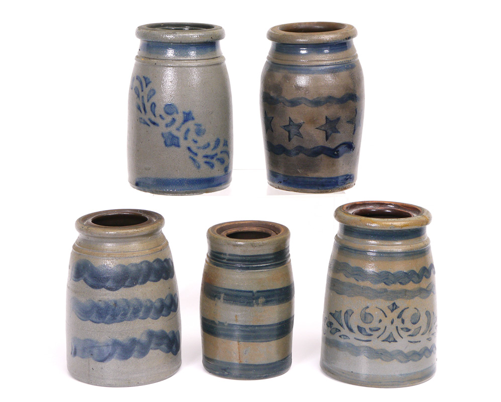 Appraisal: PIECE PENNSYLVANIA STONEWARE CHURNS JARS All unmarked assorted hand and