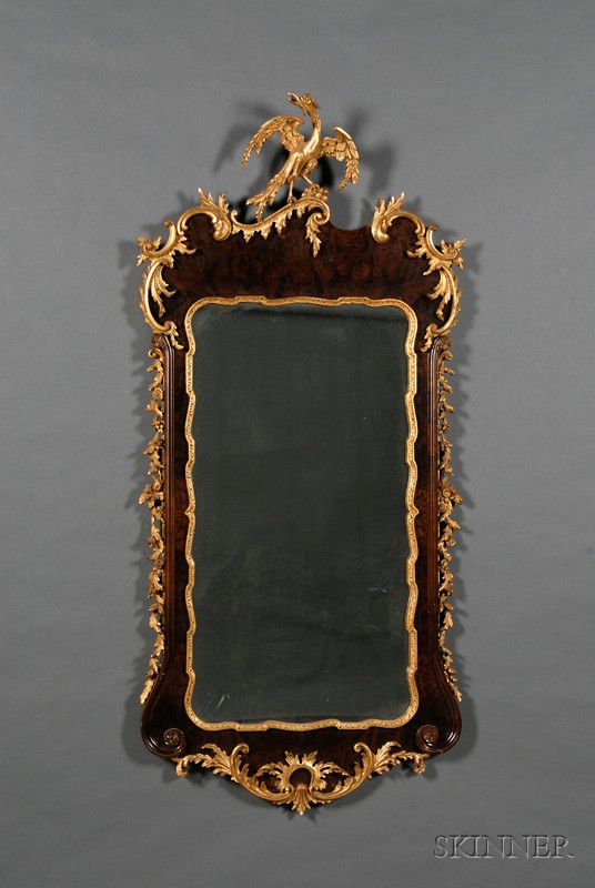 Appraisal: Chippendale-style Burl Walnut and Parcel-gilt Mirror the cresting carved with