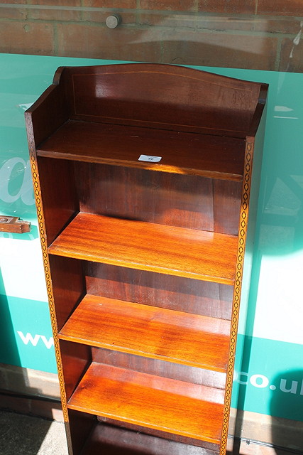 Appraisal: AN EDWARDIAN INLAID OPEN NARROW BOOKCASE fitted four shelves cm