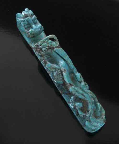 Appraisal: Chinese Qing carved turquoise belt buckledepicting two dragons ''L Circa