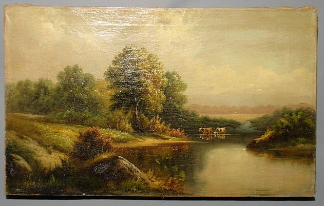 Appraisal: Oil on canvas landscape painting th c with cows by