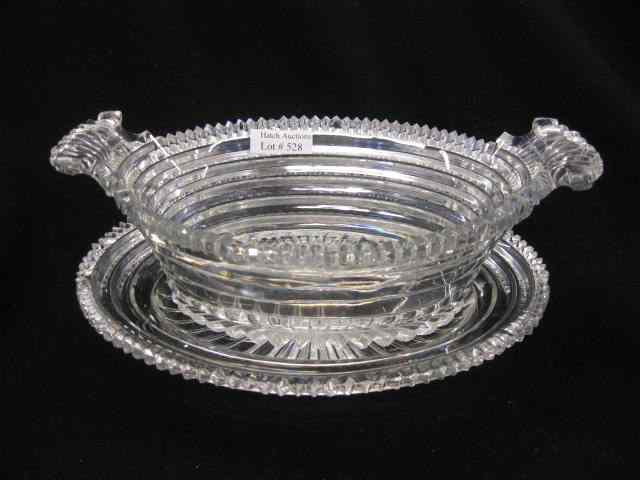 Appraisal: Cut Glass Oval Bowl Underplate finestep cut with sawtooth rim