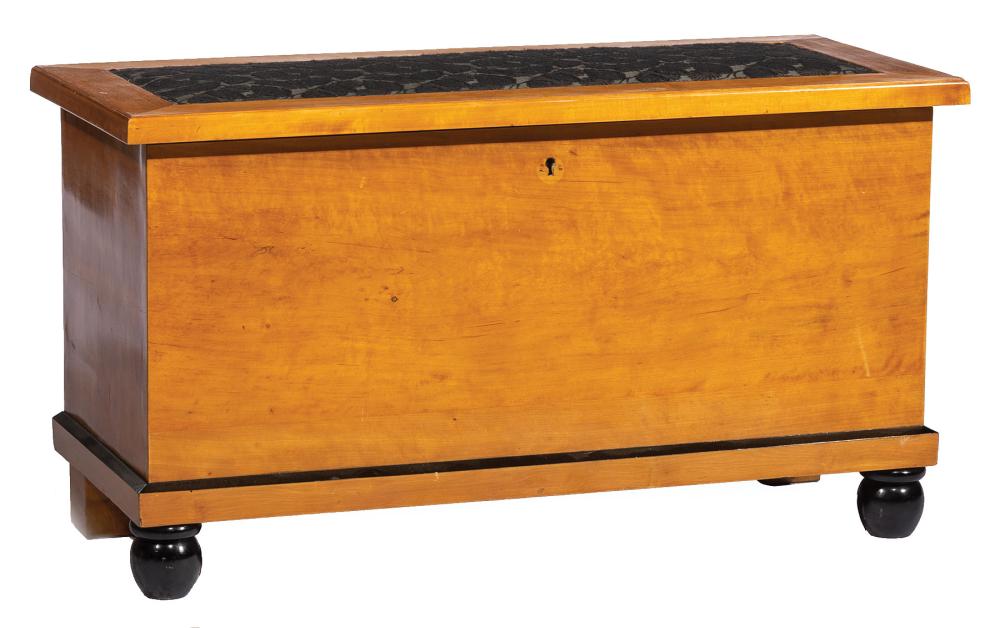 Appraisal: Antique Biedermeier-Style Maple and Parcel Ebonized Blanket Chest inset cushioned