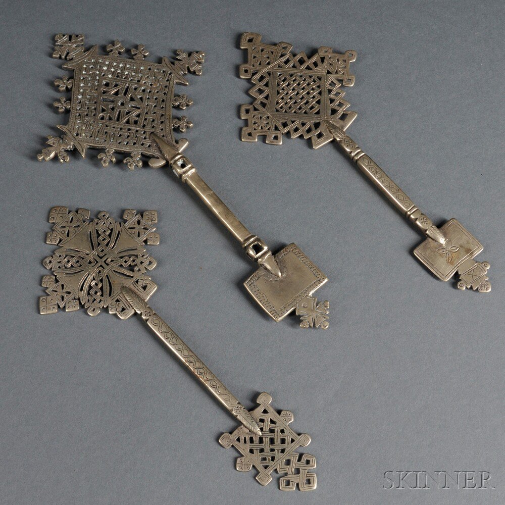 Appraisal: Three Coptic Processional Hand Crosses possibly Egypt silvered metal cast