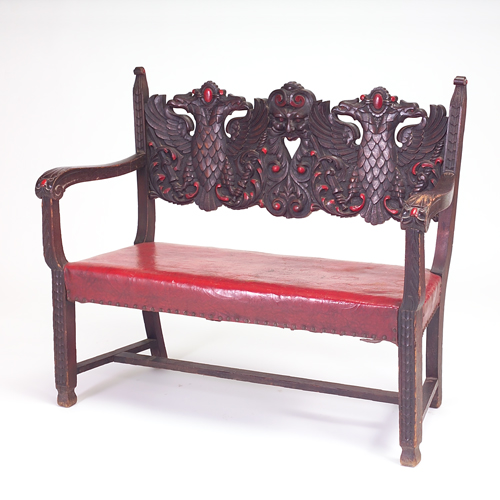 Appraisal: English Arts Crafts hall bench with carved mask and griffin