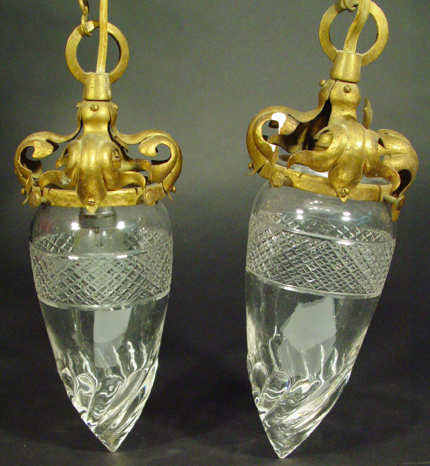 Appraisal: Pair of cut glass torch shaped ceiling light shades with