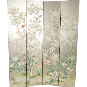 Appraisal: A Four-Panel Floor Screen with Silvered Wallpaper th Century Height