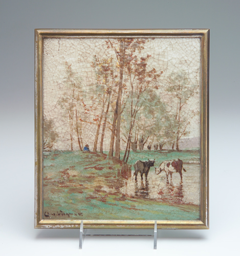 Appraisal: CHARLES VOLKMAR Plaque painted in barbotine with figure and cows