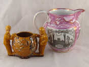 Appraisal: A large magenta lustre jug with Masonic emblems and words