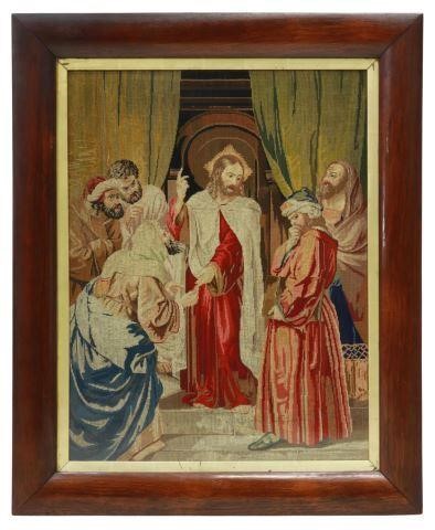 Appraisal: Framed Religious needlepoint picture Jesus and the Pharisees sight h