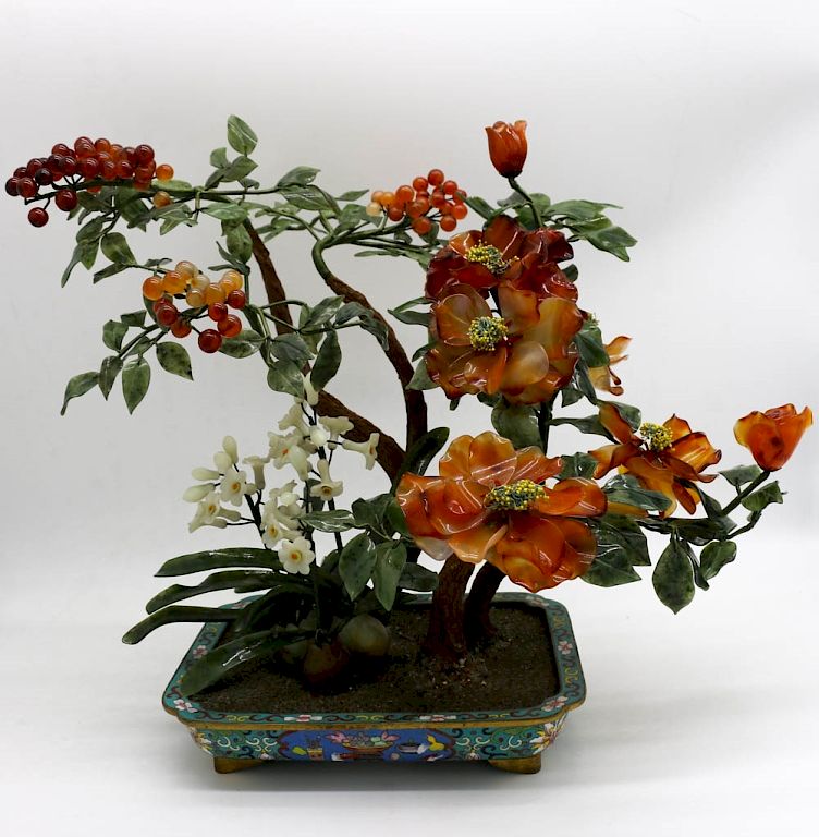 Appraisal: CHINESE HARDSTONE BONSAI TH C A gemstone prunus tree bonsai