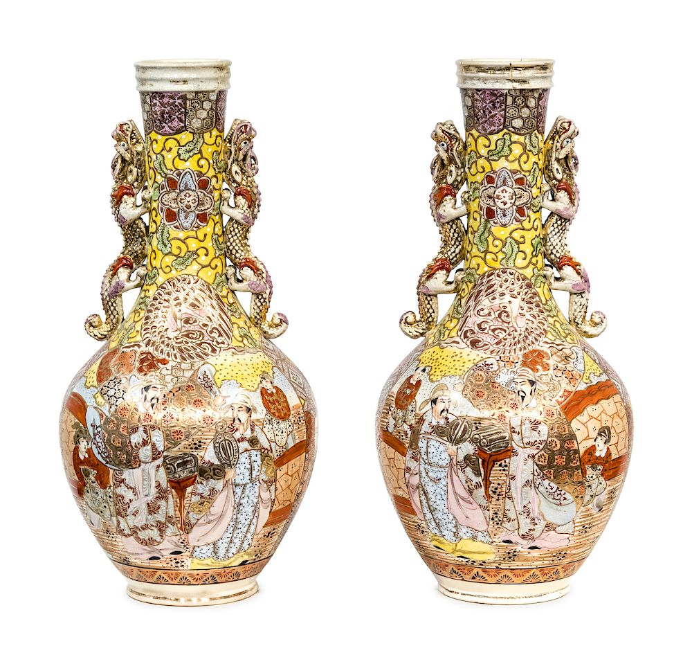 Appraisal: A Pair of Satsuma Earthenware Vases A Pair of Satsuma