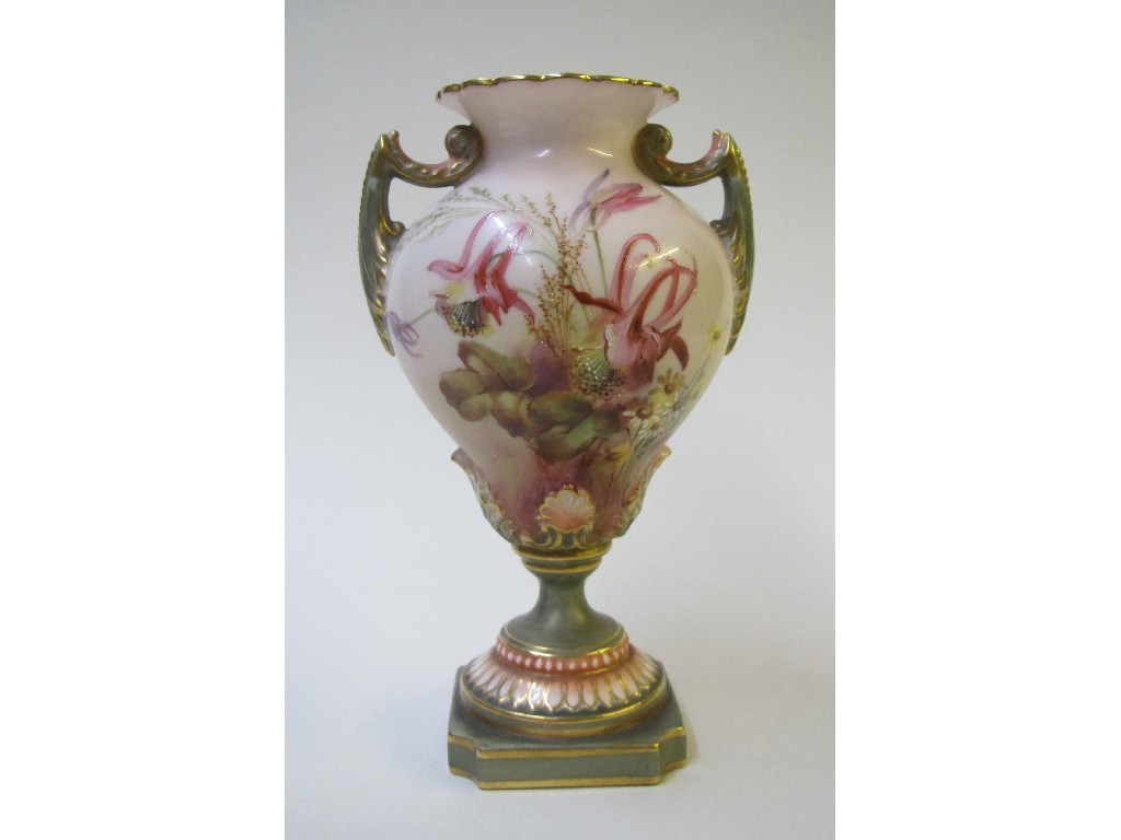 Appraisal: A Royal Worcester two-handled vase painted with fuschia and other