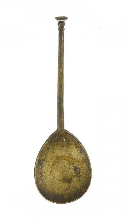 Appraisal: AN ENGLISH LATTEN SEAL TOP SPOON with fig shaped bowl