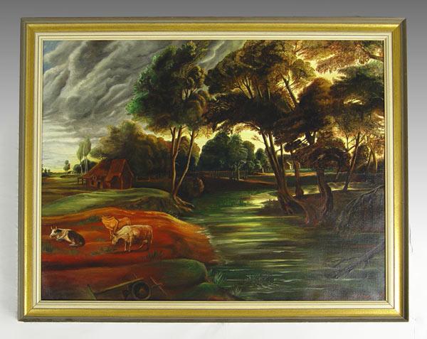 Appraisal: De BUYSCRE Pastoral scene with cows and stream OIL Canvas