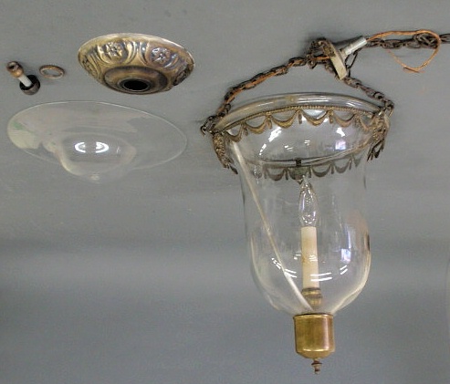 Appraisal: Glass center hall chandelier bell form with brass mounts and