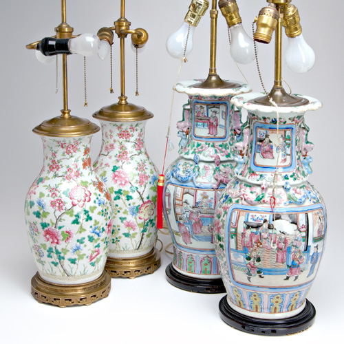 Appraisal: CHINESE PORCELAIN Two pairs of vase lamps decorated in famille